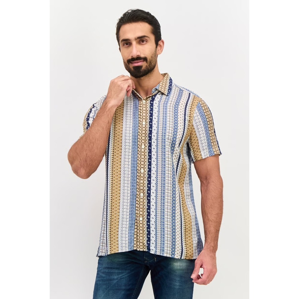 Perry Ellis Mens Short Sleeve Button Down Shirt Multi‎ Pattern Stripe Blue Tan S